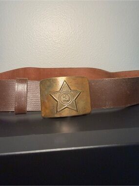 USSR Russian Army Belt Brown Leather With Brass Belt Buckle Star Hammer Sickle
